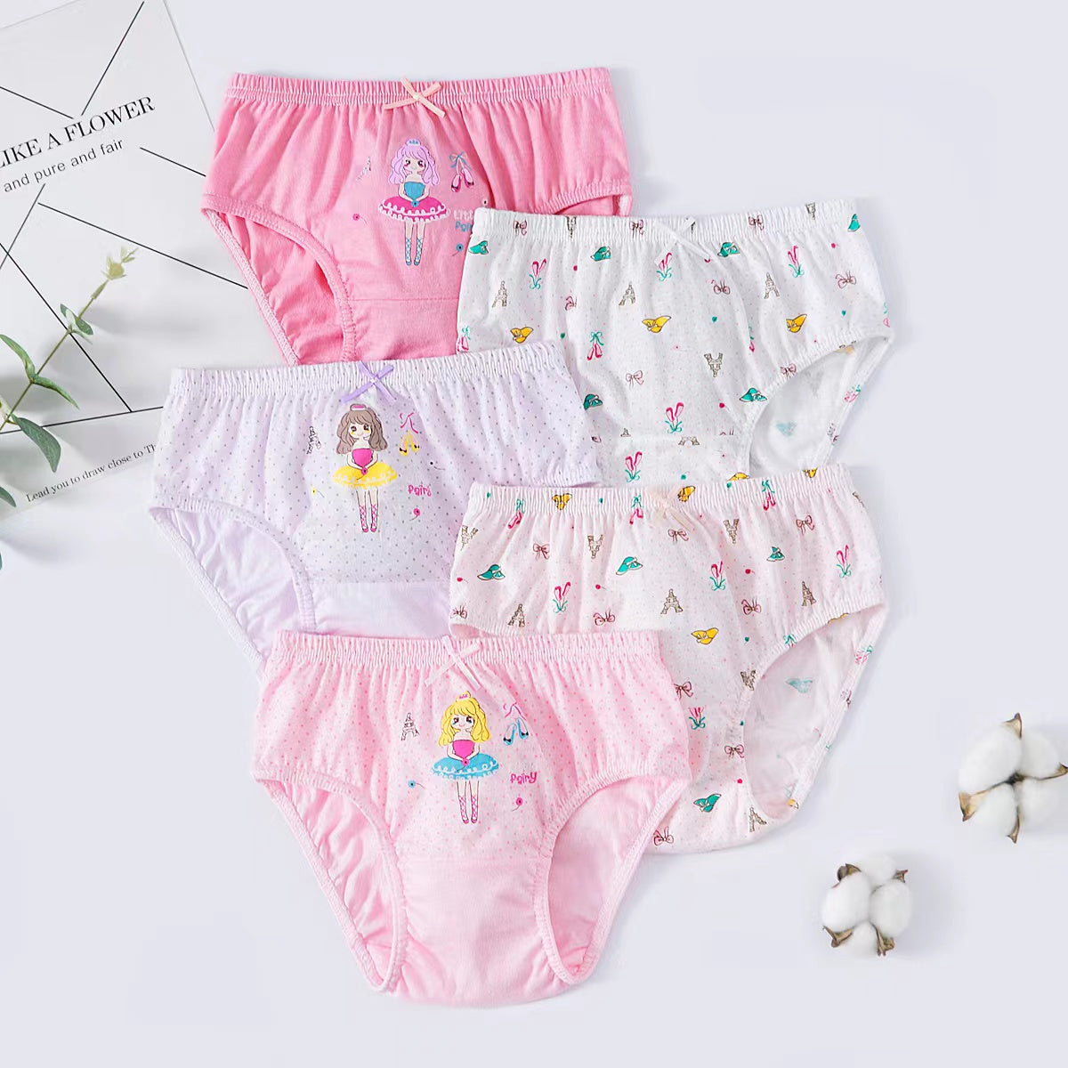 5PCS/BOX Gift Pack Little Girls' Soft Cotton Underwear Kids Cool Breathable Comfort Panty Briefs Toddler Undies