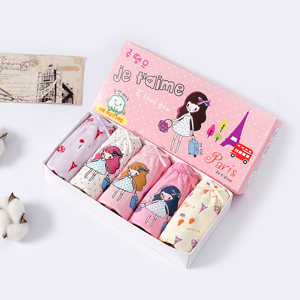 5PCS/BOX Pack Cute Travelling Girl Panties Mix Colors Lovely Girl Underwear